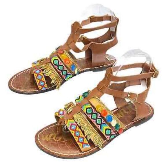SAM EDELMAN Lanai Embellished Strappy Flat Sandals In Saddle - Picture 9 of 14